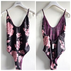 New Maaji Floral Print Black/Pink One Piece Swimsuit Large NWT